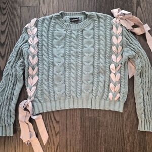 Vici Blue Cable Knit Sweater with Grey Ribbon Details